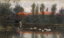 A watercolor of a millpond with tall, narrow trees and dark buildings with orange roofs on the far shore. A girl in a bonnet poles a boat in the water, flanked by ducks.
