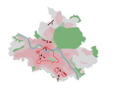 Mapa da cidade, com as áreas de bombardeio