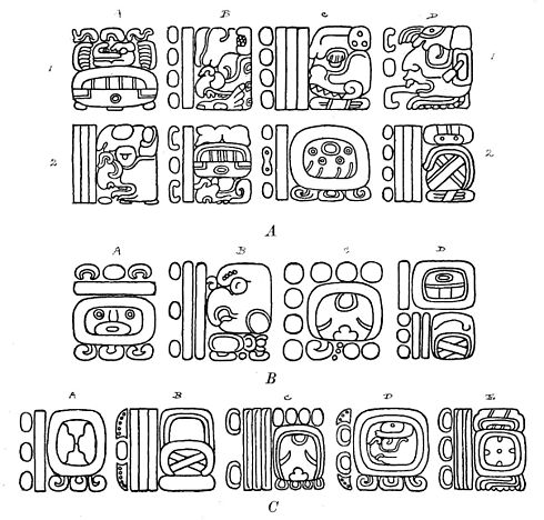 Fig. 84. Texts showing actual errors in the originals: A, Lintel, Yaxchilan; B, Altar Q, Copan; C, Stela 23, Naranjo.