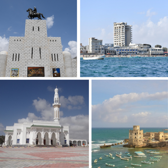 No sentido horário a partir do topo: monumento Sayid Mohammed Abdullah Hassan, Praia Lido, Mesquita Isbahaysiga e o Antigo Porto de Pesca.