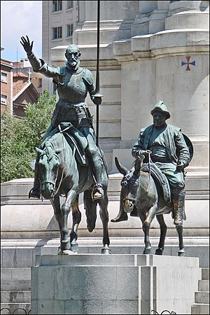English: Bronze statues of Don Quixote and San...