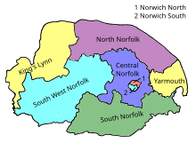 Map of parliamentary constituencies in Norfolk 1950–1974