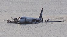 US Airways Flight 1549 was written off after ditching into the Hudson River. Plane crash into Hudson River muchcropped.jpg