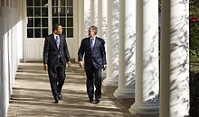 President-elect Obama walking with President Bush during their November 10 meeting President Bush, Barack Obama walking.jpg