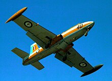 A7-040 (MB-326H) during a flypast of HMAS Melbourne off Fremantle in 1980 RAAF Macchi MB-326 No A7-040 1980.jpg