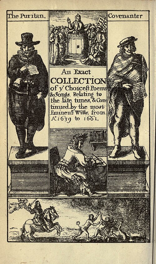 An Exact Collection of þe Choicest Poems & Songs, Relating to the Late times, & Continued by the most Eminent Witts, from Aº 1639 to 1661. Illustrations: "The Puritan" left; "Covenanter" right; top; bottom.