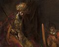 «David og kong Saul», av Rembrandt. David spiller på lyre (avbildet her som en harpe) for kongen som er «plaget av en ond ånd».