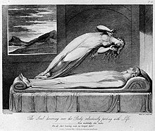 A 19th-century illustration of Robert Blair's poem The Grave, depicting the soul leaving the body Schiavonetti Soul leaving body 1808.jpg