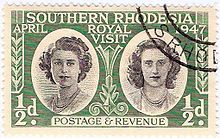 Southern Rhodesia stamp: princesses Elizabeth and Margaret on the 1947 royal tour of South Africa Southern Rhodesia 1947 stamp1.jpg