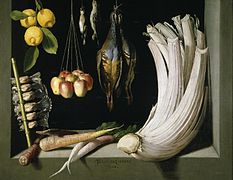 Bodegón: Bodegón de caza, hortalizas y frutas (1602), de Juan Sánchez Cotán, Museo del Prado, Madrid.