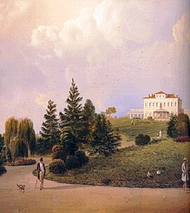 Raffigurazione della "Villa Borromeo d'Adda". Olio su tela, datazione incerta ma compresa tra la fine del XVIII secolo e l'inizio del XIX.