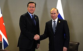 Cameron and Russian president Putin at the G20 Antalya summit, Turkey, 16 November 2015 Vladimir Putin and David Cameron (2015-11-16) 01.jpg