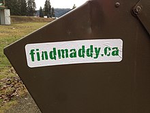 Bumper sticker, raising awareness for Maddy Scott disappearance.