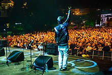 Koncert George Clinton & Parliament Funkadelic podczas festiwalu Inne Brzmienia w Lublinie w 2018 roku. Na zdjęciu widać mężczyznę podskakującego na scenie oraz tłum publiczności z podniesionymi rękami.