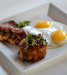 A dish called "Duck, Duck, Duck" because the three parts come from the complex body of the duck: duck eggs, duck confit and roast duck breast 'Duck, Duck, Duck'.png