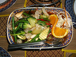 Fried squid with vegetable and red chili paste...