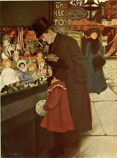 gentleman and girl looking at dolls displayed in a shop window