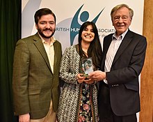 Alf Dubs pictured alongside Andrew Copson and Pavan Dhaliwal as he is awarded Humanist of the Year by Humanists UK in 2016 Alf Dubs receiving Humanist of the Year award.jpg