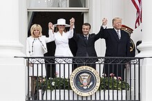 Left to right: Brigitte Macron, Melania Trump, Emmanuel Macron, Donald Trump Arrival Ceremony - The Official State Visit of France (39892882240).jpg
