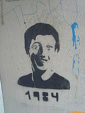 Graffiti in Berlin of Facebook founder Mark Zuckerberg. The caption is a reference to George Orwell's novel Nineteen Eighty-Four. Berlin (9163009052).jpg