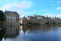 The Ministry of General Affairs at the Binnenhof in The Hague. The office of the prime minister, "Het Torentje", is the centre-left octagonal tower. Binnenhof3.jpg