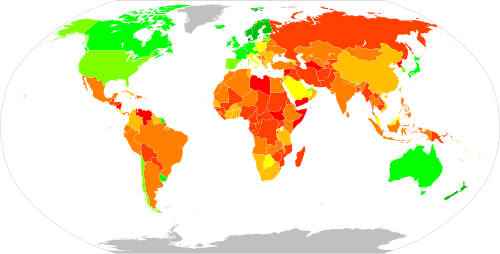 Map showing countries and territories according to the Corruption Perception Index, 2023, in ascending order:
.mw-parser-output .legend{page-break-inside:avoid;break-inside:avoid-column}.mw-parser-output .legend-color{display:inline-block;min-width:1.25em;height:1.25em;line-height:1.25;margin:1px 0;text-align:center;border:1px solid black;background-color:transparent;color:black}.mw-parser-output .legend-text{}
Score higher than 89
Score equal to or between 80 and 89
Score equal to or between 70 and 79
Score equal to or between 60 and 69
Score equal to or between 50 and 59
Score equal to or between 40 and 49
Score equal to or between 30 and 39
Score equal to or between 20 and 29
Score equal to or between 10 and 19
Score less than 10
Data unavailable Countries by Corruption Perceptions Index (2023).svg