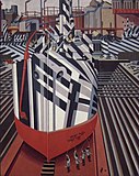 エドワード・ワズワース、リヴァプールのドックのダズル迷彩された船 (1919)
