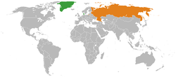 Kort, som viser placeringerne af Danmark og Rusland i forhold til hinanden.