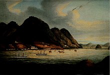 Possibly the earliest painting of Hong Kong Island, showing the waterfront settlement which became Victoria City Early painting of Hong Kong Island.jpg