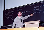 One of the most influential figures of computing science's founding generation, Edsger Dijkstra at the blackboard during a conference at ETH Zurich in 1994. In Dijkstra's own words, "A picture may be worth a thousand words, a formula is worth a thousand pictures." Edsger Dijkstra 1994.jpg