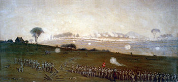 Pickett's Charge from a position on the Confederate line looking toward the Union lines, Ziegler's Grove on the left, clump of trees on right, painting by Edwin Forbes Edwin Forbes Pickett's Charge.jpg