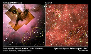 The visible-light (left) and infrared (right) views of the Trifid Nebula, a giant star-forming cloud of gas and dust located 5,400 light-years (1,700 pc) away in the constellation Sagittarius Embryonic Stars in the Trifid Nebula.jpg