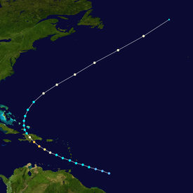 Tracking map of a hurricane. The path depicted in the image starts to the east of the Lesser Antilles and curves into Hispaniola before passing Bermuda.