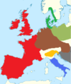 Blue: Apennine culture, Yellow: Terramare culture, Brown: Tumulus culture, Red: Atlantic Bronze Age, Green: Nordic Bronze Age, Apple green: Cultures of Unetice tradition, Gray: Balkan cultures.