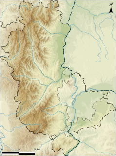 Mapa konturowa Rodanu, blisko centrum po prawej na dole znajduje się punkt z opisem „Lyon”