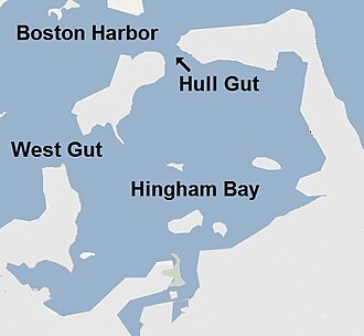 Hull Gut shows the classic conditions for a gut: a large body of water, subject to tides, drained through a small channel, resulting in heavy flow and strong currents Hull Gut Map.jpg