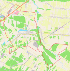 Mapa konturowa miasta Jastrząb, w centrum znajduje się punkt z opisem „Kościół św. Jana Chrzciciela”