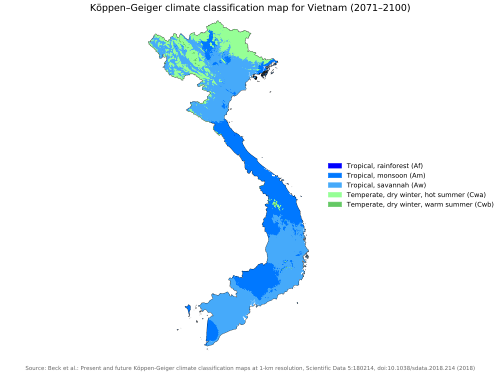 Current/past Köppen climate classification map for Vietnam for 1980–2016