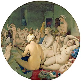 A large group of nude or barely clothed women lounge around a pool in an Orientalist vision of a harem. Some engage in activities such as eating, dancing, doing each other’s hair, and playing musical instruments. Most are light-skinned but a few have darker skin.