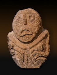Sculpture found at the archaeological site of Lepenski Vir Lepenski vir Praroditeljka (Foremother, cca 7000 BCE).jpg