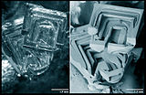 Two images of the same depth hoar snow crystal, viewed through a light microscope (left) and as an SEM image (right). Note how the SEM image allows for clear perception of the fine structure details which are hard to fully make out in the light microscope image.