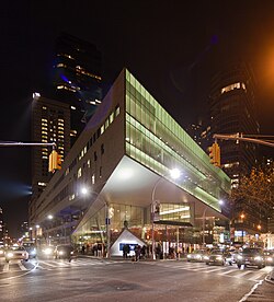 Alice Tully Hall and the Juilliard School from the intersection of Broadway and 65th Street Lincoln Center Tully Night.jpg