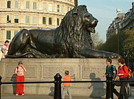 O leão localizado na base da "Coluna de Nelson", na Trafalgar Square, em Londres, na Inglaterra.