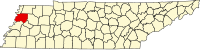 ダイアー郡の位置を示したテネシー州の地図