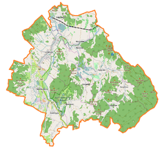 Mapa konturowa gminy Mysłakowice, blisko centrum u góry znajduje się ikonka pałacu z opisem „Pałac w Bobrowie”