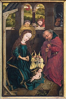 Nascimento de Jesus (ca. 1460) por Hans Pleydenwurff. Pintura em painel no Altar dos Três Reis Magos (Dreikönigsaltar) na igreja de São Lourenço, Nuremberg, Baviera, Alemanha (definição 3 286 × 4 929)