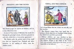 A 19th-century British children's book informs its readers that the Dutch are a "very industrious race", and that Chinese children are "very obedient to their parents". National-stereotypes.jpg