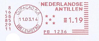 2014: в статусе автономии, объединявшей после выхода Арубы пять островов (обозначены пятью звёздочками)[^]. Франкотип имеет надпись «Nederlandse Antillen», то есть применялся в таком виде после роспуска Нидерландских Антил[en] в 2010 году[^]