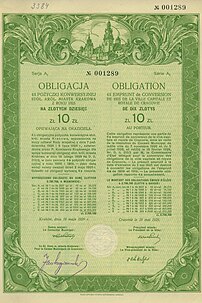 Municipal bond issued in 1929 by town Kraków (...