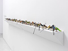 The Princesses' Rusted Belt, 250 handmade clay birds, iron wire, acrylic, watercolours, cotton thread and text on printing paper, dimensions variable, 2011, Studio La Citta, Verona, Italy